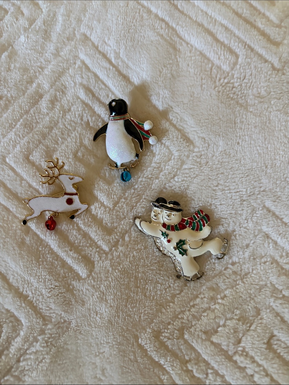Festive Holiday Brooch Trio - Penguin, Reindeer & Skating Snowman